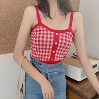 Cute Sexy Sweet Knit Plaid Checkered Botton Cami Crop Top Shirt Tee T-shirt E-Girl Kawaii Korean Japanese Harajuku Chinese Retro Streetwear Aesthetic - Thumbnail 3