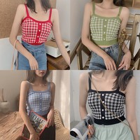 Cute Sexy Sweet Knit Plaid Checkered Botton Cami Crop Top Shirt Tee T-shirt E-Girl Kawaii Korean Japanese Harajuku Chinese Retro Streetwear Aesthetic - Thumbnail 4