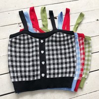 Cute Sexy Sweet Knit Plaid Checkered Botton Cami Crop Top Shirt Tee T-shirt E-Girl Kawaii Korean Japanese Harajuku Chinese Retro Streetwear Aesthetic - Thumbnail 5