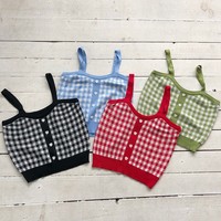 Cute Sexy Sweet Knit Plaid Checkered Botton Cami Crop Top Shirt Tee T-shirt E-Girl Kawaii Korean Japanese Harajuku Chinese Retro Streetwear Aesthetic - Thumbnail 6