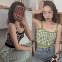 Cute Sexy Sweet Knit Plaid Checkered Botton Cami Crop Top Shirt Tee T-shirt E-Girl Kawaii Korean Japanese Harajuku Chinese Retro Streetwear Aesthetic - Thumbnail 7