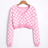 Cute Plaid Checkered Crop Sweater Cardigan Top Long Sleeve Knit E-Girl Kawaii Korean Japanese Harajuku Chinese Retro Streetwear Aesthetic - Thumbnail 1