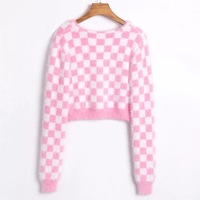 Cute Plaid Checkered Crop Sweater Cardigan Top Long Sleeve Knit E-Girl Kawaii Korean Japanese Harajuku Chinese Retro Streetwear Aesthetic - Thumbnail 2