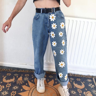 Cute flower daisy denim chic high waisted vintage jean pants trouser e-girl kawaii korean japanese harajuku chinese retro streetwear aesthetic