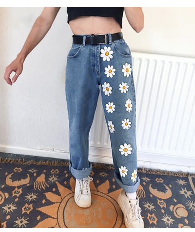 Cute Flower Daisy Denim Chic High Waisted Vintage Jean Pants Trouser E-Girl Kawaii Korean Japanese Harajuku Chinese Retro Streetwear Aesthetic