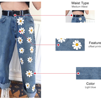 Cute Flower Daisy Denim Chic High Waisted Vintage Jean Pants Trouser E-Girl Kawaii Korean Japanese Harajuku Chinese Retro Streetwear Aesthetic - Thumbnail 2