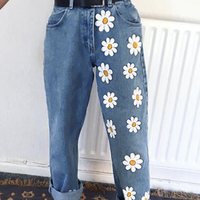 Cute Flower Daisy Denim Chic High Waisted Vintage Jean Pants Trouser E-Girl Kawaii Korean Japanese Harajuku Chinese Retro Streetwear Aesthetic - Thumbnail 4