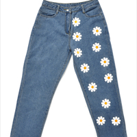 Cute Flower Daisy Denim Chic High Waisted Vintage Jean Pants Trouser E-Girl Kawaii Korean Japanese Harajuku Chinese Retro Streetwear Aesthetic - Thumbnail 7