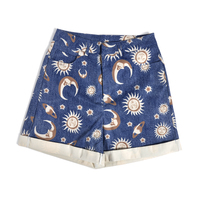 Cute Sun Moon Star Planet Pattern Loose Denim Shorts Bottom E-Girl Kawaii Korean Japanese Harajuku Chinese Retro Streetwear Aesthetic - Thumbnail 5