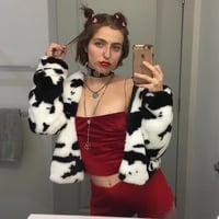 Cute Cow Animal Print Faux Fur Coat Jacket Zipper Sweater Jumper Casual E-Girl Kawaii Korean Japanese Harajuku Chinese Retro Streetwear Aesthetic - Thumbnail 3