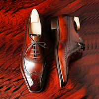 Bespoke burgundy oxford wing tip leather shoes , Brogue dress shoes - Thumbnail 1
