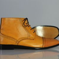 Men's Ankle High Boot, Men's  Tan Leather Cap Toe Lace Up Casual Boot. - Thumbnail 2