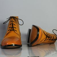 Men's Ankle High Boot, Men's  Tan Leather Cap Toe Lace Up Casual Boot. - Thumbnail 3