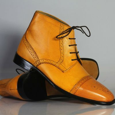 Men's ankle high boot, men's  tan leather cap toe lace up casual boot. - Thumbnail 2