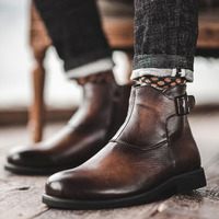 Men's Ankle Boot, Men's Brown Vintage Leather Monk Casual Boot. - Thumbnail 1