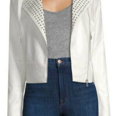 New women punk white silver studded brando unique cowhide biker leather jacket