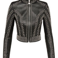 New Women Black Silver Studded Punk Vintage Biker Brando Style Leather Jacket - Thumbnail 1