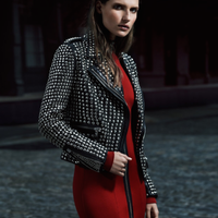 New Woman Punk Black Full Silver Studded Brando Cowhide Biker Leather Jacket - Thumbnail 1