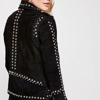 New Woman Black American Western Silver Studded Suede Leather Jacket Belted - Thumbnail 1