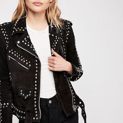 New woman black american western silver studded suede leather jacket belted