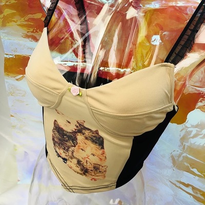 Cute cat graphic vintage lace spaghetti strap crop top shirt tee t-shirt e-girl kawaii korean japanese harajuku chinese retro streetwear aesthetic