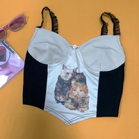 Cute Cat Graphic Vintage Lace Spaghetti Strap Crop Top Shirt Tee T-shirt E-Girl Kawaii Korean Japanese Harajuku Chinese Retro Streetwear Aesthetic - Thumbnail 1