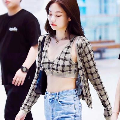 Cute 2 pcs gingham plaid sweater knit button up crop top shirt tee t-shirt e-girl kawaii korean japanese harajuku chinese retro streetwear aesthetic