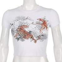 Cute Sexy Tiger Vintage Ribbed Print Graphic Crop Top Shirt Tee T-shirt E-Girl Kawaii Korean Japanese Harajuku Chinese Retro Streetwear Aesthetic - Thumbnail 1