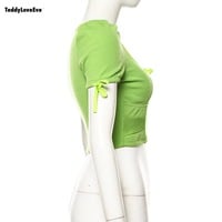Cute Sexy Neon Green Ribbed Knit Bow Crop Top Short Sleeve Shirt Tee T-shirt E-Girl Kawaii Korean Japanese Harajuku Chinese Retro Streetwear Aesthetic - Thumbnail 8