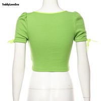 Cute Sexy Neon Green Ribbed Knit Bow Crop Top Short Sleeve Shirt Tee T-shirt E-Girl Kawaii Korean Japanese Harajuku Chinese Retro Streetwear Aesthetic - Thumbnail 9