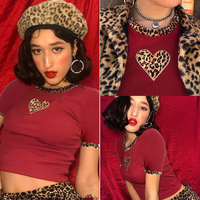 Cute Sexy Leopard Animal Print Heart Crop Top Short Sleeve Shirt Tee T-shirt E-Girl Kawaii Korean Japanese Harajuku Chinese Retro Streetwear Aesthetic - Thumbnail 4