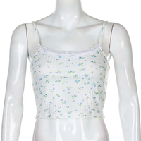 Cute Floral Print Lace Spaghetti Strap Camisole Crop Top Shirt Tee T-shirt E-Girl Kawaii Korean Japanese Harajuku Chinese Retro Streetwear Aesthetic - Thumbnail 2