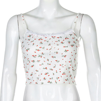 Cute Floral Print Lace Spaghetti Strap Camisole Crop Top Shirt Tee T-shirt E-Girl Kawaii Korean Japanese Harajuku Chinese Retro Streetwear Aesthetic - Thumbnail 4