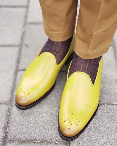 Handmade Men's Yellowish Leather Looks Trendy Brogue Loafer Slip On Shoes