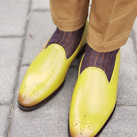 Handmade Men's Yellowish Leather Looks Trendy Brogue Loafer Slip On Shoes - Thumbnail 4