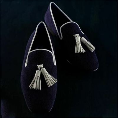 Men handmade blue suede loafer shoes with tassels, men slip on shoes