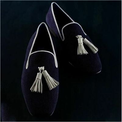 Men Handmade Blue Suede Loafer Shoes with Tassels, Men Slip on Shoes
