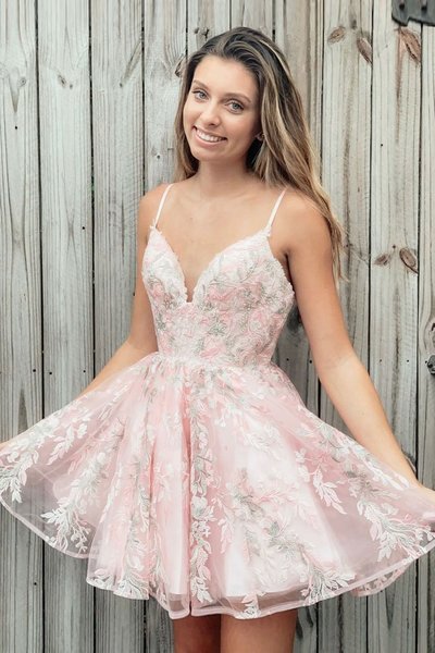 Pretty A-Line Pink Lace V Neck Spaghetti Straps Homecoming Dress,Cute Party Dress,Graduation Dress