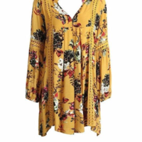 Yellow Floral Print Lantern Puff Sleeve Fashion Tunic Top/Mini Dress - Thumbnail 2