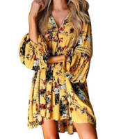 Yellow Floral Print Lantern Puff Sleeve Fashion Tunic Top/Mini Dress - Thumbnail 3