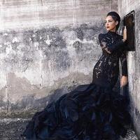 Black Mermaid Lace Wedding Dresses With Long Sleeves High Neck Ruffles Skirt Women Non White Bridal Gowns With Color Couture Custom Made，598 - Thumbnail 2
