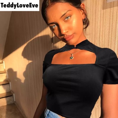 Cute Sexy Casual Black Hallow Out Crop Top Short Sleeve Shirt Tee T-shirt E-Girl Kawaii Korean Japanese Harajuku Chinese Retro Streetwear Aesthetic