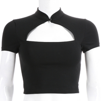 Cute Sexy Casual Black Hallow Out Crop Top Short Sleeve Shirt Tee T-shirt E-Girl Kawaii Korean Japanese Harajuku Chinese Retro Streetwear Aesthetic - Thumbnail 2