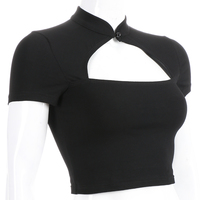 Cute Sexy Casual Black Hallow Out Crop Top Short Sleeve Shirt Tee T-shirt E-Girl Kawaii Korean Japanese Harajuku Chinese Retro Streetwear Aesthetic - Thumbnail 3