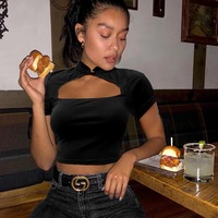 Cute Sexy Casual Black Hallow Out Crop Top Short Sleeve Shirt Tee T-shirt E-Girl Kawaii Korean Japanese Harajuku Chinese Retro Streetwear Aesthetic - Thumbnail 8