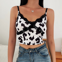 Cute Sexy Cow Print Patchwork Lace Tank Crop Top Shirt Tee T-shirt Club E-Girl Kawaii Korean Japanese Harajuku Chinese Retro Streetwear Aesthetic - Thumbnail 4
