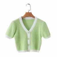Cute Vintage Sweater Cardigan Knit Crop Top Short Sleeve Shirt Tee T-shirt E-Girl Kawaii Korean Japanese Harajuku Chinese Retro Streetwear Aesthetic - Thumbnail 3