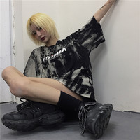 Cute Smoke Ash Print Loose Oversized Crop Top Short Sleeve Shirt Tee T-shirt E-Girl Kawaii Korean Japanese Harajuku Chinese Retro Streetwear Punk Goth - Thumbnail 4