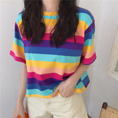 Cute rainbow colorful stripe lgbt pride loose oversized short sleeve shirt tee t-shirt e-girl kawaii korean japanese harajuku chinese retro streetwear - Thumbnail 4