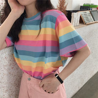 Cute Rainbow Colorful Stripe LGBT Pride Loose Oversized Short Sleeve Shirt Tee T-shirt E-Girl Kawaii Korean Japanese Harajuku Chinese Retro Streetwear - Thumbnail 2